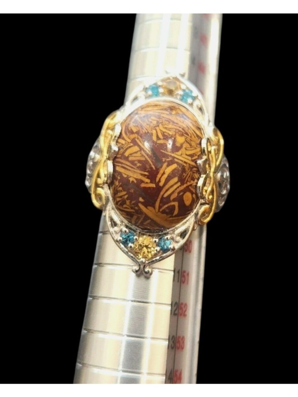 Vintage Sterling Silver Ring With Mariam Jasper, blue and yellow stones  Size 7